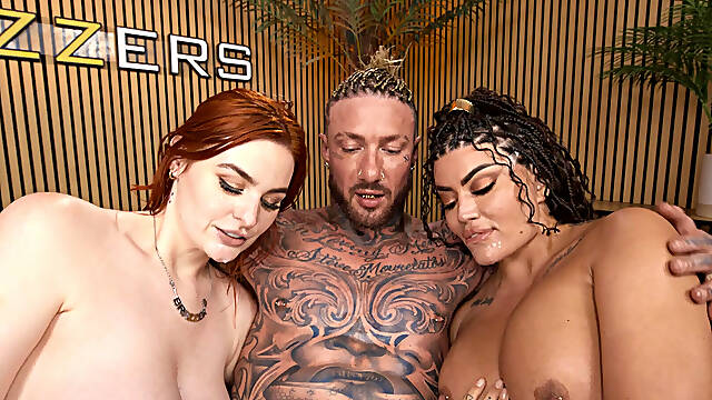 Big lad with a girthy cock takes care of two chubby girls