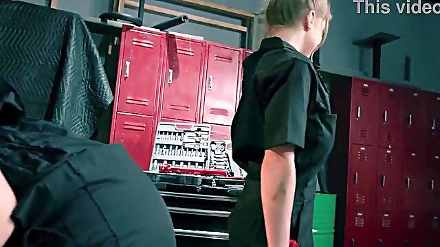 Giant butt curvy mother I'd like to fuck mechanic bangs breasty golden-haired lesbo in garage