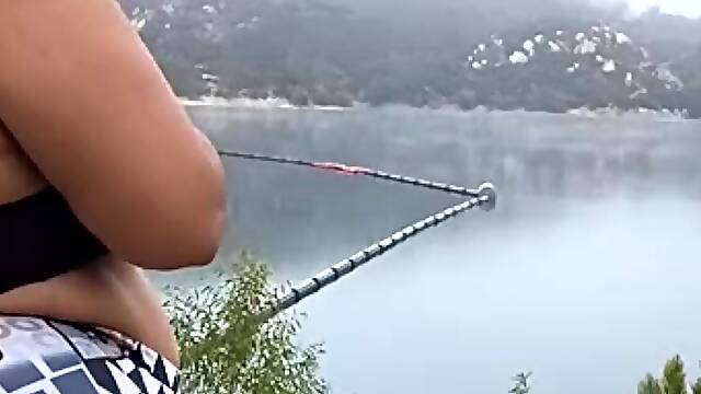 Got caught flashing my big tits to fisherman on the lake. Pov hubby films