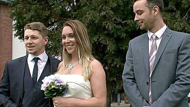 Brunette babe in wedding dress gets fucked hard