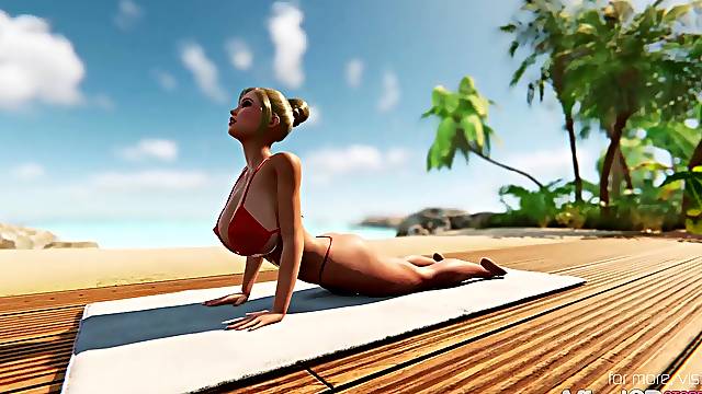 Futanari big tits babes having foursome sex on a beach in a3d animation